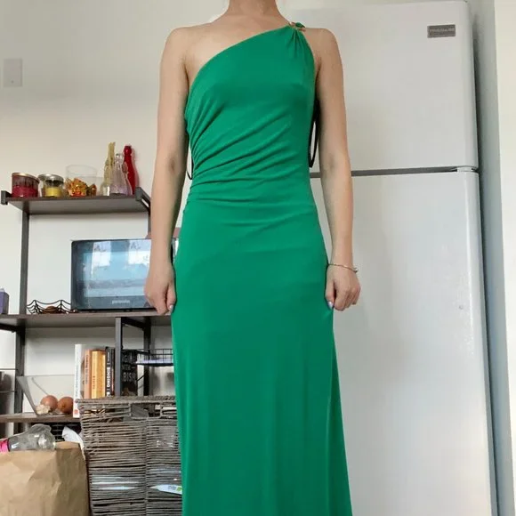 slim fit dress slacks Victorian satin asymmetrical strapless knot detail side slit Ivanka go –  Rubber Ducky main image 0